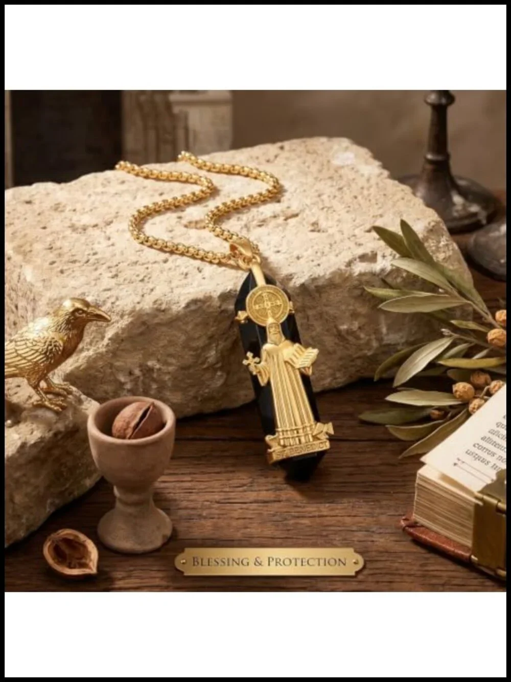 St Benedict Medal Crystal Necklace Gold Plated 925 Sterling Silver Catholic